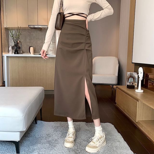Ruched Slit High Rise Plain Midi A-Line Skirt