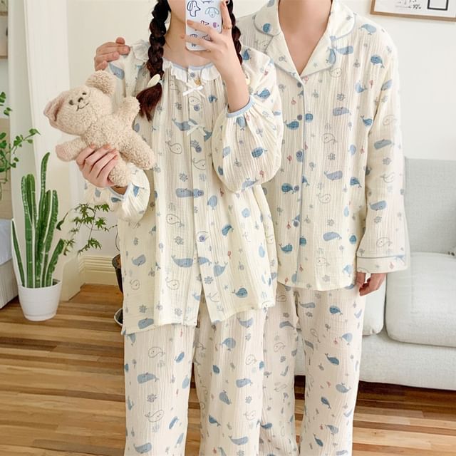 Couple Matching Pajama Set: Long-Sleeve Whale Print Top + Pants