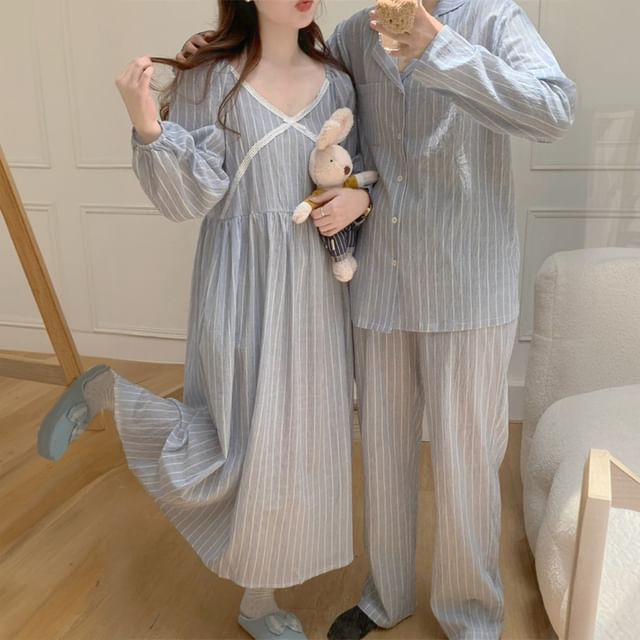 Couple Matching Long-Sleeve Striped Pajama Top / Dress / Pants / Set