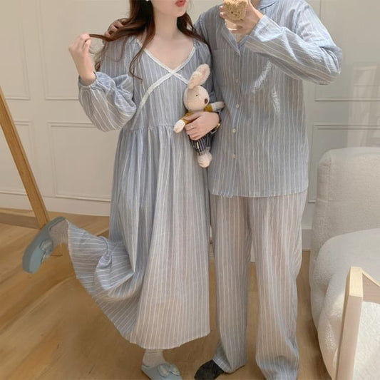 Couple Matching Long-Sleeve Striped Pajama Top / Dress / Pants / Set