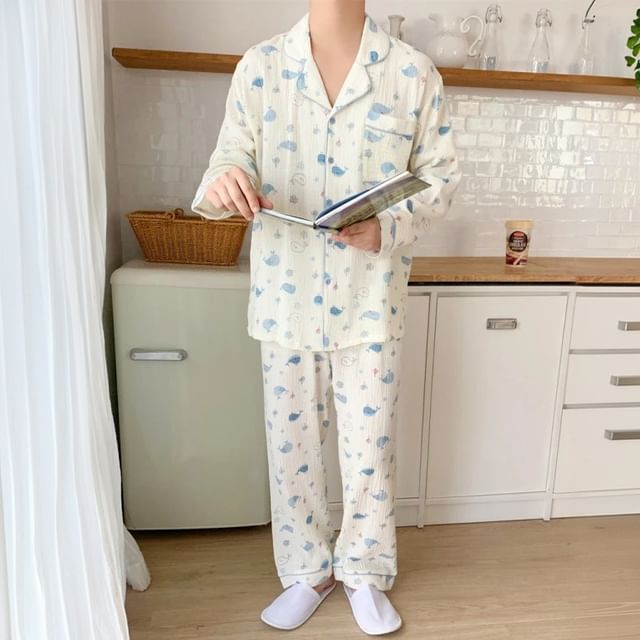 Couple Matching Pajama Set: Long-Sleeve Whale Print Top + Pants