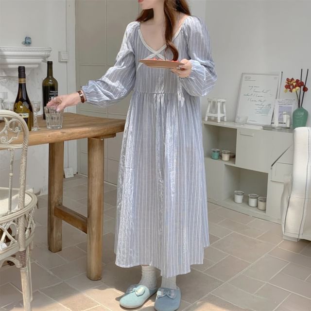 Couple Matching Long-Sleeve Striped Pajama Top / Dress / Pants / Set