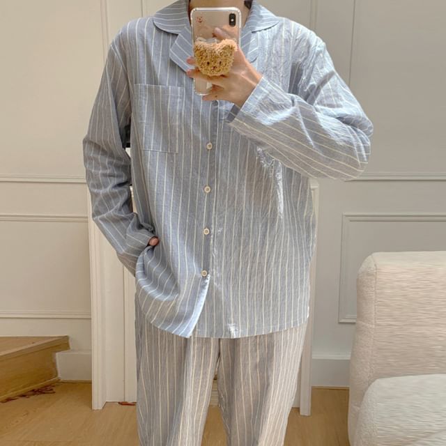 Couple Matching Long-Sleeve Striped Pajama Top / Dress / Pants / Set