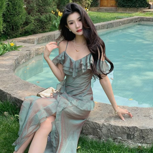 Black Cap-Sleeve Cold-Shoulder Ruffle Trim Slit Sheath Dress - Altfashion Shop