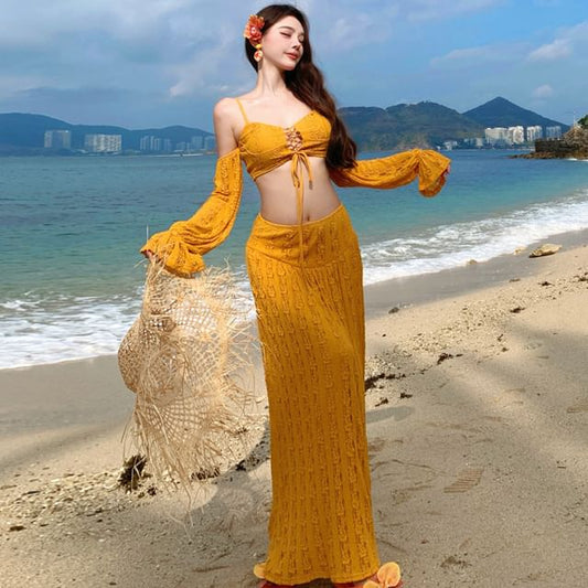 Long-Sleeve Cold-Shoulder Lace-Up Crop Top with Slit Maxi Pencil Skirt Set