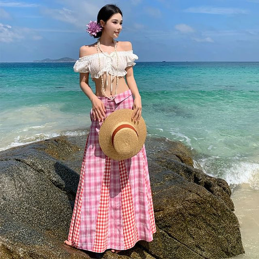 Puff-Sleeve Off-Shoulder Ruffle Crop Top & Plaid Maxi A-Line Skirt Set