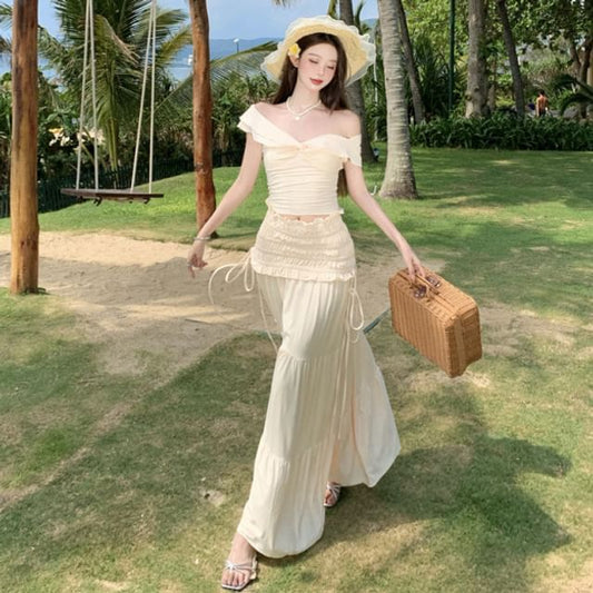 Cap Sleeve V-Neck Plain Knot Crop Slim Tee and High Rise Tiered Maxi A-Line Skirt Set