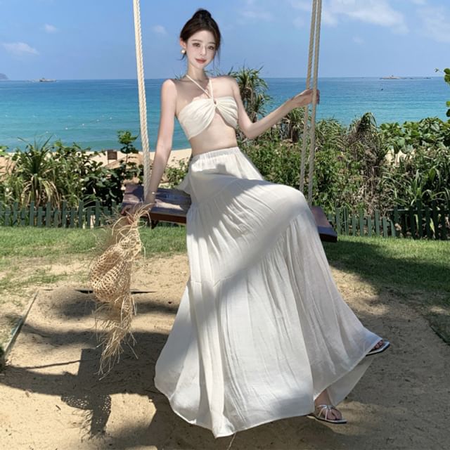 Halter Crop Cami Top & High Rise Tiered Maxi A-Line Skirt Set