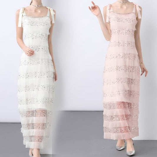 Black Tie Shoulder Sequin Beaded Panel A-Line Maxi Dress - Altfashion Shop