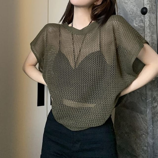 Plain Round-Neck Short-Sleeved Knit Top with Bra Top Set