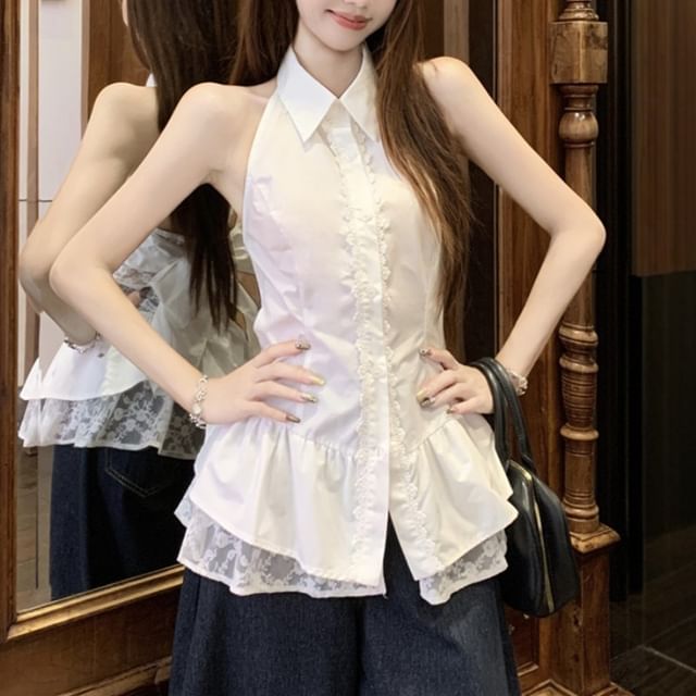 Ruffle-Panelled Collared Halter Lace Top