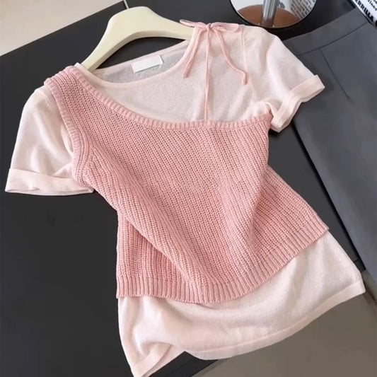 Plain Knit Round-Neck Short-Sleeved Top + Asymmetric Tank Set