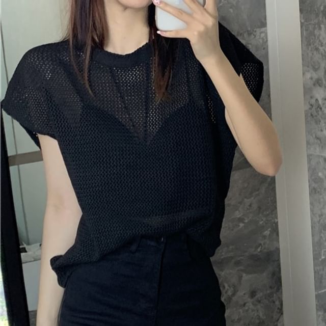 Plain Round-Neck Short-Sleeved Knit Top with Bra Top Set