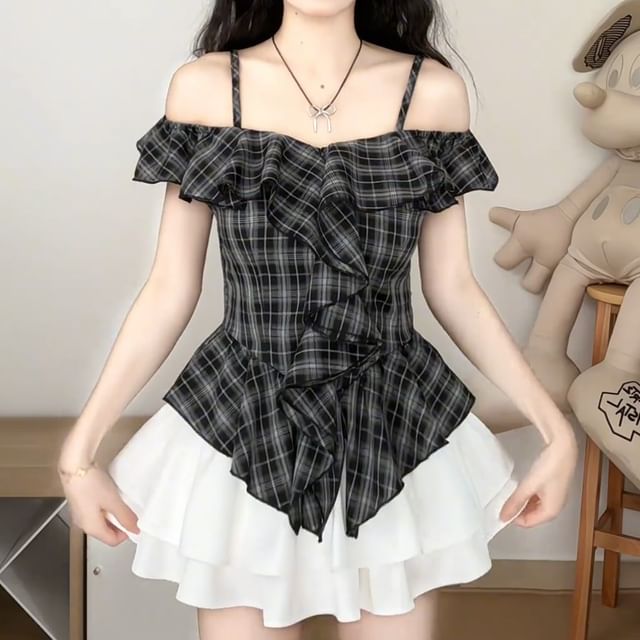 Plaid Ruffle Cold-Shoulder Short-Sleeved Top