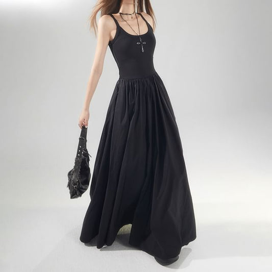 Black Sleeveless Scoop Neck A-Line Maxi Dress - Altfashion Shop
