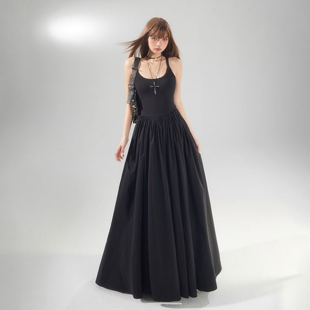 Black Sleeveless Scoop Neck A-Line Maxi Dress - Altfashion Shop