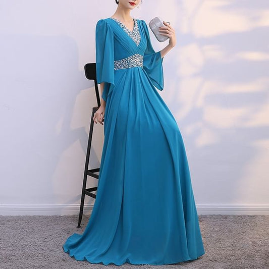Black 3/4-Sleeve V-Neck Lace Panel A-Line Maxi Dress - Altfashion Shop