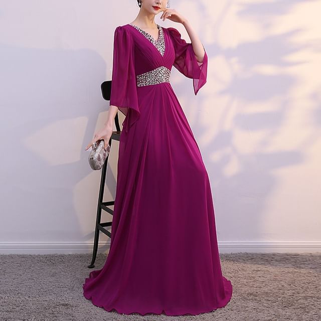 Black 3/4-Sleeve V-Neck Lace Panel A-Line Maxi Dress - Altfashion Shop