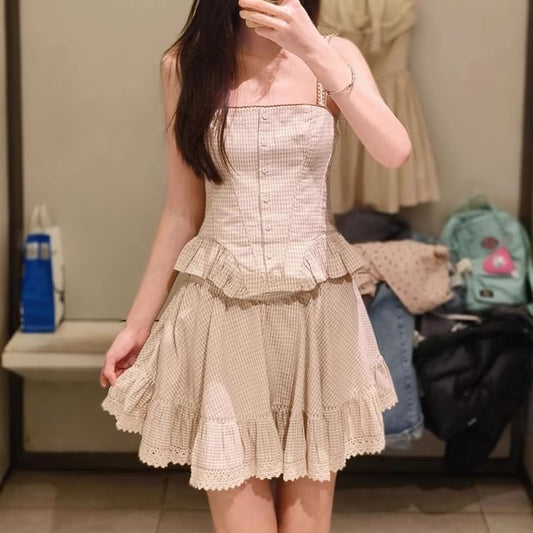 Button-Front Ruffle Gingham Camisole & High-Waist Mini A-Line Skirt