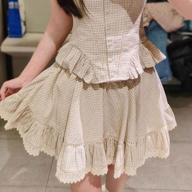 Button-Front Ruffle Gingham Camisole & High-Waist Mini A-Line Skirt