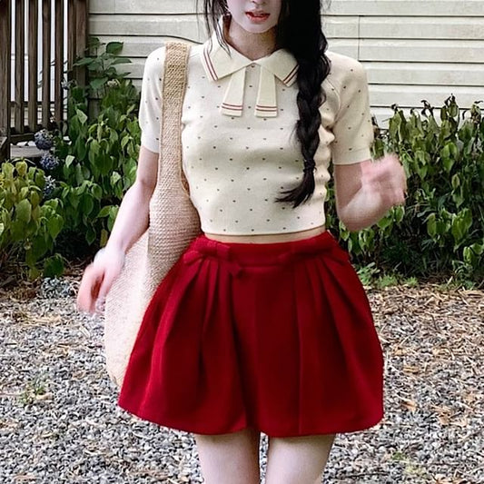 Heart Jacquard Cropped Knit Top with Striped Trim and Bow Mini Skirt