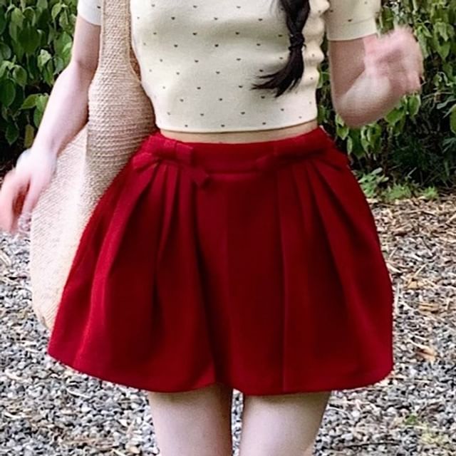 Heart Jacquard Cropped Knit Top with Striped Trim and Bow Mini Skirt
