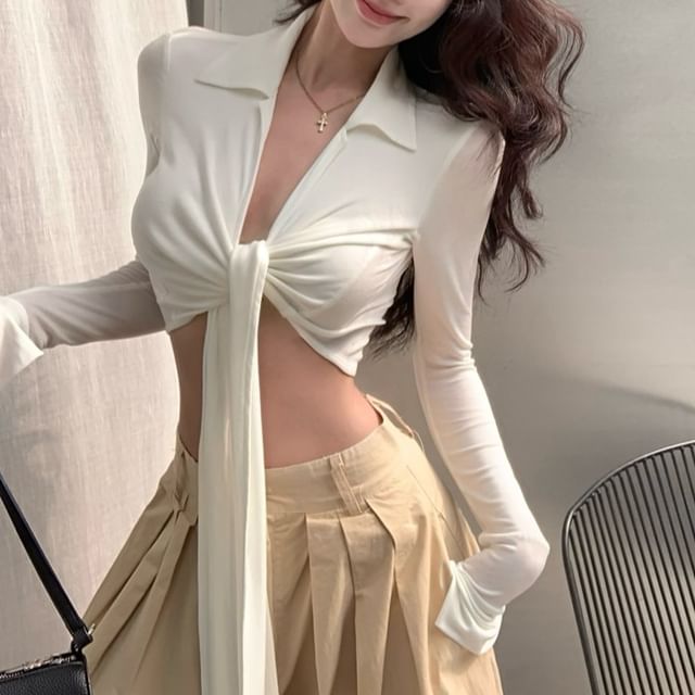 Tie-Front Collared V-Neck Long-Sleeved Cropped Plain Top