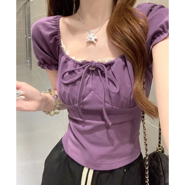 Square-Neck Puff-Sleeved Lace-Trimmed Tie-Front Fitted Blouse