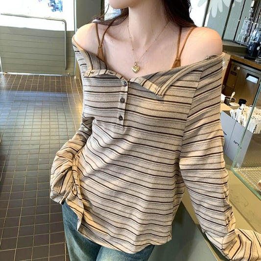 Striped Loose-Fit Off-Shoulder Long-Sleeved Tee