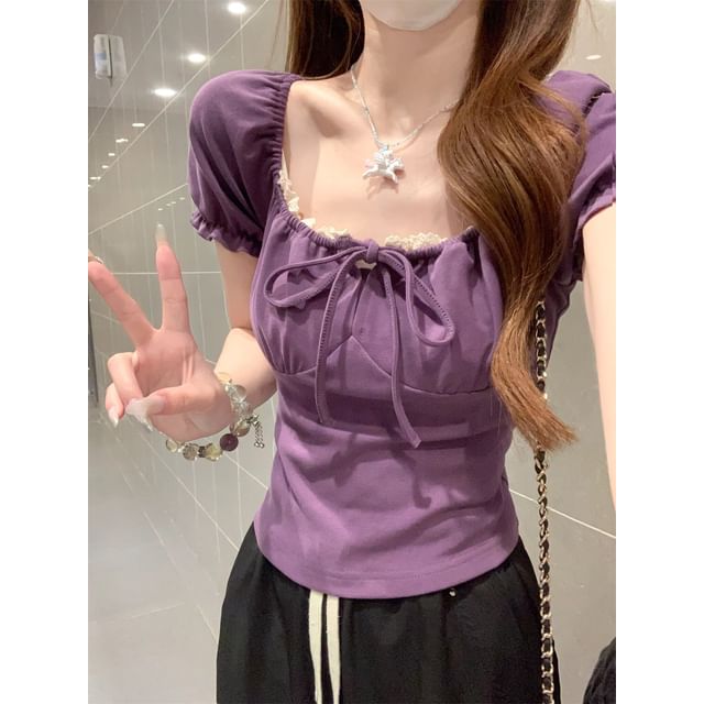 Square-Neck Puff-Sleeved Lace-Trimmed Tie-Front Fitted Blouse