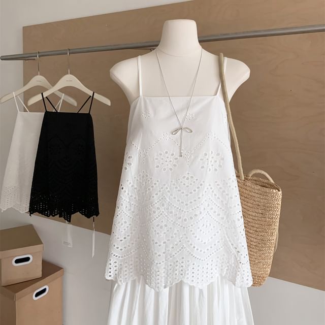 Pointelle Spaghetti-Strap Plain Camisole Top