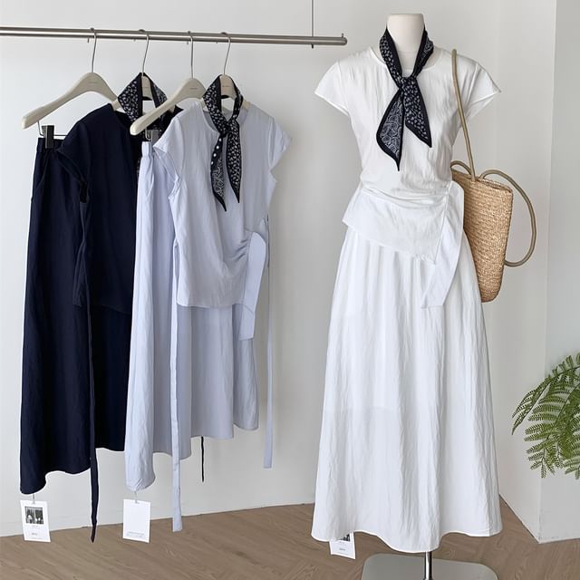 Tie-Waist Crew-Neck Short-Sleeved Top with Maxi Skirt and Scarf Set