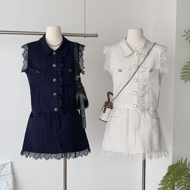 Lace-Trimmed Collared Sleeveless Top with High-Waisted Mini Skirt Set