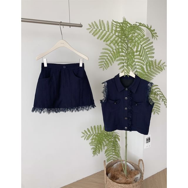 Lace-Trimmed Collared Sleeveless Top with High-Waisted Mini Skirt Set