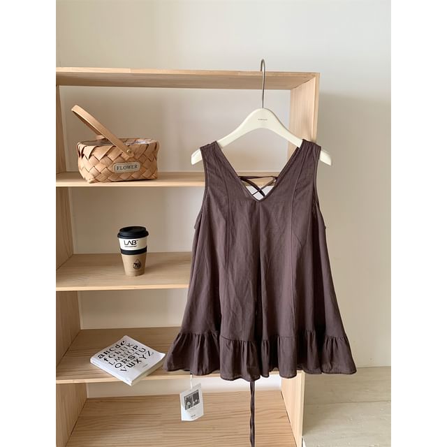 Ruffle-Trimmed V-Neck Sleeveless Plain Top