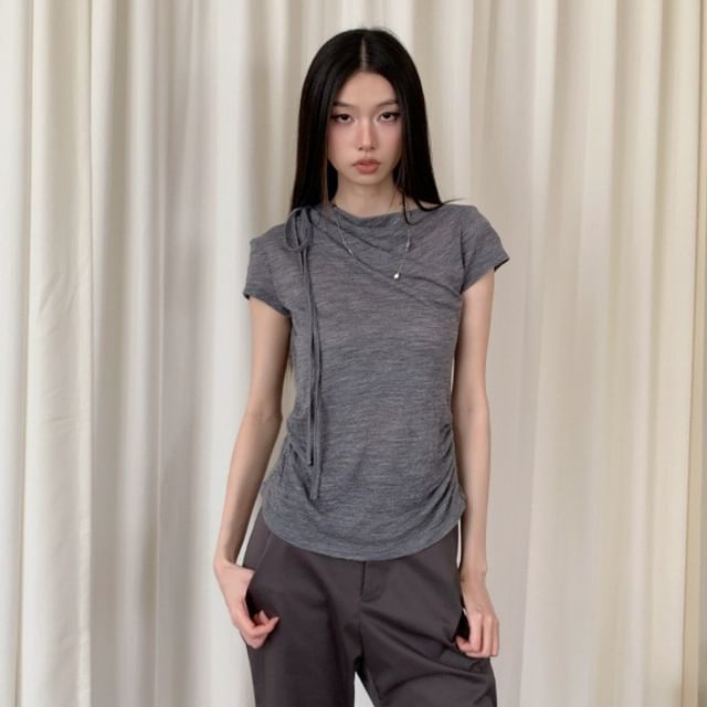 Ruched Melange Cowl-Neck Short-Sleeved T-Shirt