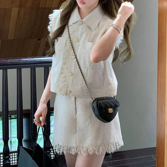 Sleeveless Lace Shirt & Mini Skirt Set