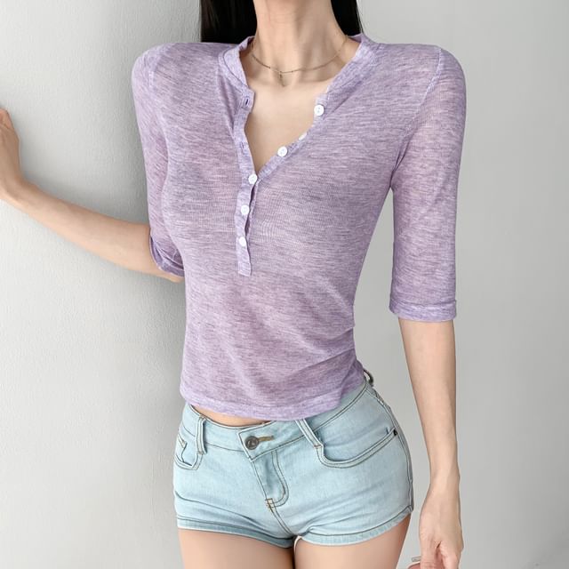 Slim-Fit Henley Elbow-Sleeved T-Shirt