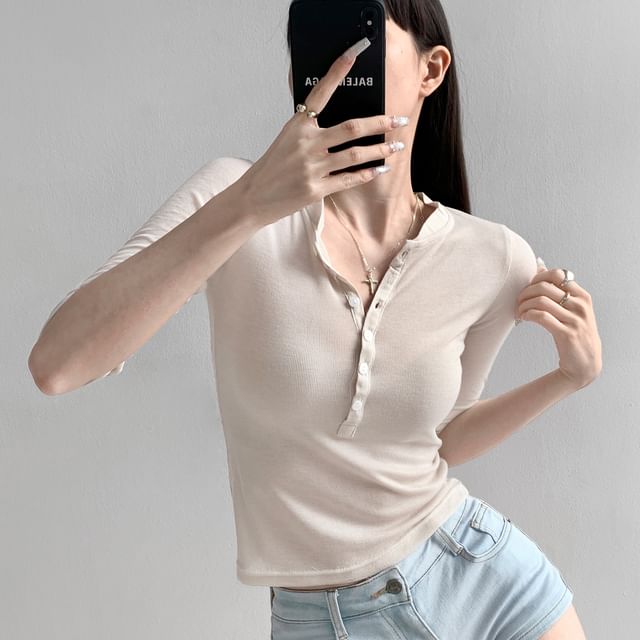 Slim-Fit Henley Elbow-Sleeved T-Shirt