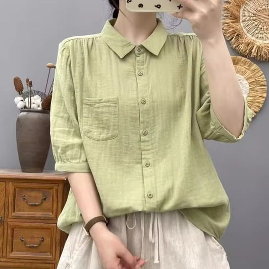 Collared Plain Elbow-Sleeved Blouse