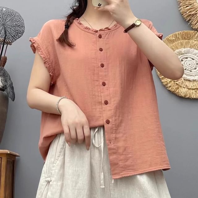 Plain Frilled Round-Neck Cap-Sleeved Blouse