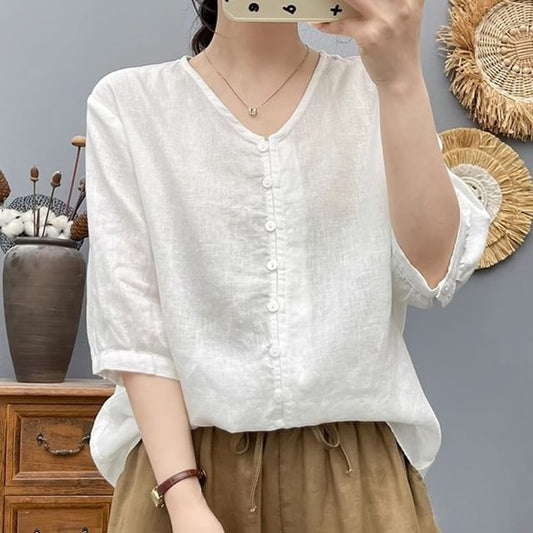 Plain V-Neck Elbow-Sleeved Blouse
