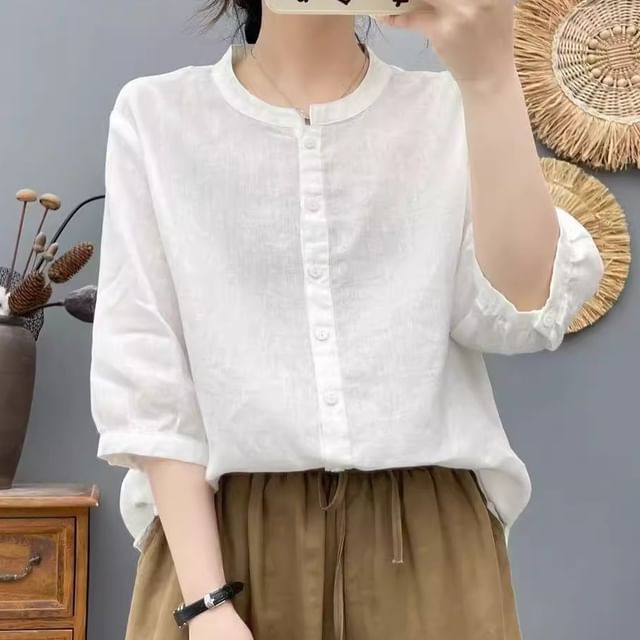 Plain Crew-Neck Elbow-Sleeved Blouse