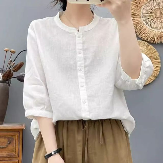 Plain Crew-Neck Elbow-Sleeved Blouse