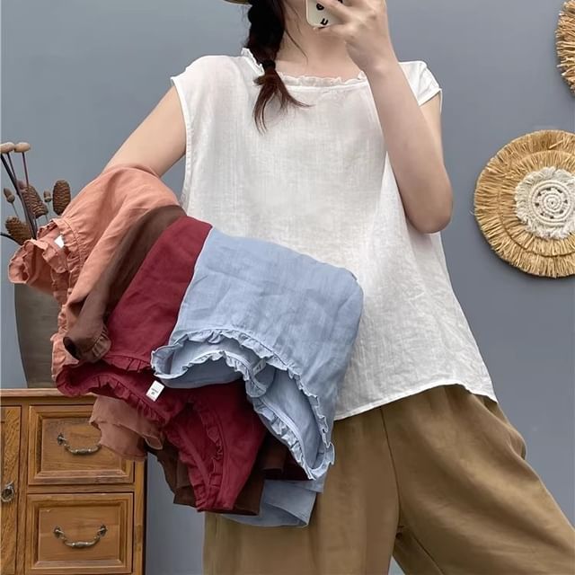 Plain Frilled Crew-Neck Cap-Sleeved Top