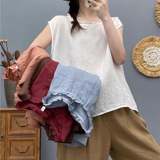 Plain Frilled Crew-Neck Cap-Sleeved Top