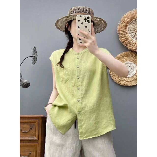 Plain Band-Collar Cap-Sleeved Blouse