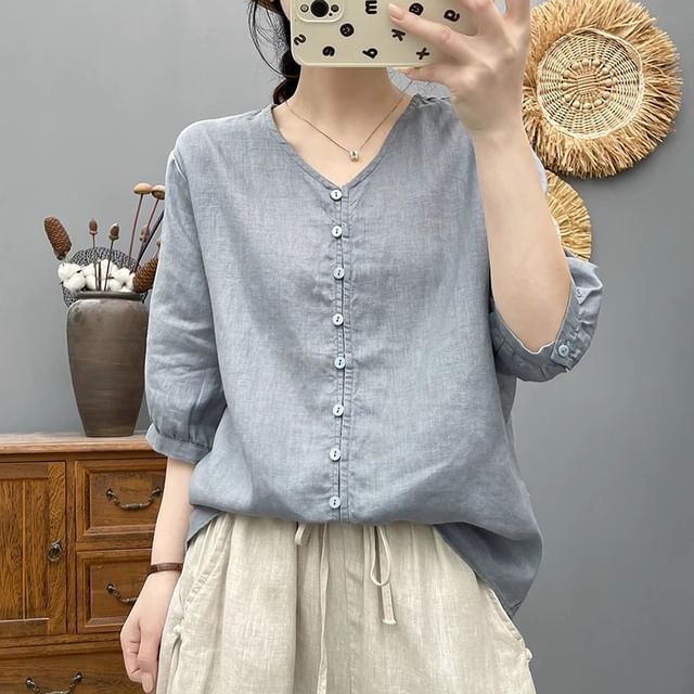 Plain V-Neck Elbow-Sleeved Blouse
