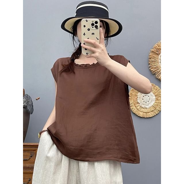 Plain Frilled Crew-Neck Cap-Sleeved Top