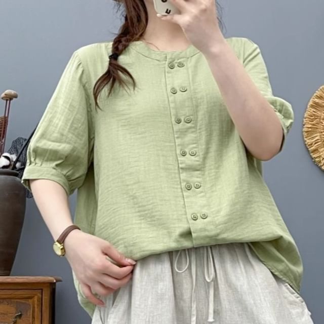 Plain Double-Breasted Round-Neck Elbow-Sleeved Blouse
